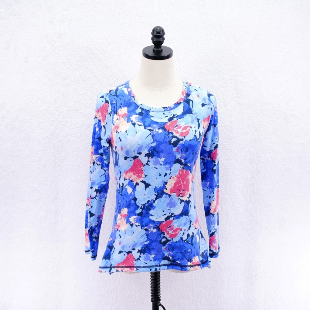 Talbots -0P- Petites Blue Floral Top Cotton Modal Long Sleeve Round Neck Shirt